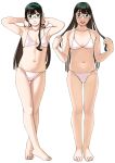  1girl armpits bikini black_hair collarbone flat_chest full_body glasses green_eyes hairband highres kantai_collection long_hair looking_at_viewer navel ojipon ooyodo_(kancolle) open_mouth simple_background smile stomach swimsuit white_background white_bikini 