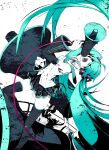  1girl absurdres ahoge aqua_hair aqua_nails arm_tattoo belt black_skirt black_thighhighs boots breasts cable collared_shirt covered_eyes detached_sleeves feet_out_of_frame hair_ornament hair_over_eyes hand_up hatsune_miku headphones highres holding koi_wa_sensou_(vocaloid) long_hair megaphone miniskirt miwa_shirow nail_polish official_art open_mouth oversized_object partially_colored pleated_skirt shirt shouting sideways skirt sleeveless sleeveless_shirt small_breasts solo supercell tattoo teeth thigh_boots thighhighs twintails very_long_hair vocaloid white_background white_shirt zettai_ryouiki 
