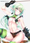  arm_up arrow artist_name bad_id bad_pixiv_id belt black_bow blush bow bow_(weapon) breasts commentary_request elf eyebrows_visible_through_hair gloves goblin_slayer! green_eyes green_hair hair_bow hair_censor hair_over_breasts hair_ribbon high_elf_archer_(goblin_slayer!) highres holding holding_arrow holding_bow_(weapon) holding_weapon long_hair looking_at_viewer navel one_knee patreon_username pointy_ears rei_kun ribbon shorts sidelocks simple_background small_breasts smile solo stomach thighhighs torn_clothes tress_ribbon weapon 