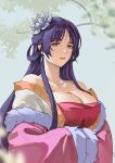  1girl bare_shoulders blue_sky breasts chinese_clothes eyeshadow facial_mark flower forehead_mark fur_trim hair_flower hair_ornament hair_up hanfu highres kusuriya_no_hitorigoto large_breasts lipstick long_hair looking_at_viewer makeup notgustiarp outdoors pairin_(kusuriya_no_hitorigoto) purple_hair sky 