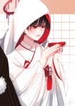  1girl black_hair black_wings blue_archive cup fingernails halo highres holding holding_cup japanese_clothes kimono liang_yuan lips long_hair long_sleeves open_mouth red_eyes shiromuku solo tile_wall tiles tsurugi_(blue_archive) uchikake upper_body white_kimono wings 
