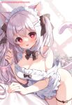  1girl :d animal_ears apron bare_shoulders bed_sheet black_bow bow cat_ears cat_girl cat_tail collarbone commentary_request dutch_angle frilled_apron frills grey_hair groin hair_between_eyes hair_bow hair_ornament hairclip heart heart-shaped_pupils long_hair looking_at_viewer lying mauve naked_apron on_side original red_eyes smile solo strap_slip striped_bow symbol-shaped_pupils tail two_side_up very_long_hair white_apron window x_hair_ornament 