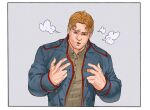  1boy blonde_hair blue_jacket freckles grey_background jacket kaysd999 looking_down male_focus mir_(comics) mir_(mir) open_mouth parted_bangs puff_of_air short_hair simple_background solo upper_body 