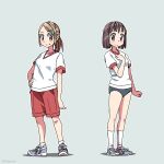  2girls artist_name bob_cut breasts brown_eyes brown_hair buruma closed_mouth dated_commentary full_body grey_background grey_buruma grey_footwear gym_shirt gym_uniform hair_ornament hairclip highres looking_at_viewer medium_hair multiple_girls original ponytail puffy_short_sleeves puffy_sleeves red_shorts shapoco shirt shoes short_sleeves shorts simple_background small_breasts smile sneakers socks standing twitter_username v-neck white_shirt white_socks 