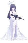  1girl absurdres black_hair blue_archive blue_eyes blue_halo blush breasts bsm_(nerdmin) cleavage closed_mouth dress earrings elbow_gloves full_body gloves gun halo highres holding holding_gun holding_weapon jewelry large_breasts long_hair looking_at_viewer official_alternate_costume saori_(blue_archive) saori_(dress)_(blue_archive) shoes simple_background solo strapless strapless_dress thighhighs weapon white_background white_dress white_footwear white_gloves white_thighhighs 
