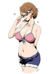  1girl ;p bikini bikini_top_only breasts brown_eyes brown_hair cleavage club3 collarbone commentary_request denim denim_shorts front-tie_bikini_top front-tie_top heart highres large_breasts navel one_eye_closed persona persona_3 persona_3_reload pink_bikini short_hair shorts signature solo sunglasses swimsuit takeba_yukari tongue tongue_out white_background 