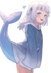  1girl absurdres bare_legs blue_eyes blue_hoodie blush commentary fins fish_tail gawr_gura gawr_gura_(1st_costume) hair_ornament heart highres hololive hololive_english hood hoodie kiwwwwwi looking_at_viewer one_side_up open_mouth shark_tail sharp_teeth short_hair simple_background sleeves_past_fingers sleeves_past_wrists smile solo tail teeth upper_teeth_only virtual_youtuber white_background white_hair 