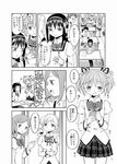  akemi_homura ayanero_taicho bag bookbag bow comic desk drill_hair greyscale hair_ornament hairband kaname_madoka long_hair mahou_shoujo_madoka_magica monochrome multiple_girls open_mouth school_uniform short_hair skirt tomoe_mami translated twin_drills twintails 