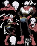  ... 1boy ? absurdres ankle_boots black_background blush_stickers bone boots cape cel_shading character_name commentary copyright_name cropped_head floating floating_object from_side full_body gloves hands_on_own_hips highres kamezaemon legs_apart male_focus multiple_views one_eye_closed open_mouth papyrus_(undertale) red_cape red_footwear red_gloves simple_background skeleton smile sparkle speech_bubble spoken_ellipsis spoken_question_mark standing sweat torn_cape torn_clothes undertale uneven_eyes 