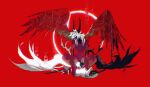  animal_focus black_horns creature demon dragon fighting full_body horns kamikiririp no_humans open_mouth original red_background red_wings sharp_teeth teeth white_fur white_hair wings 