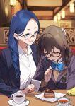  2girls 92m black-framed_eyewear blue_bow blue_bowtie blue_eyes blue_hair bow bowtie braid braided_ponytail brown_hair cake closed_eyes coffee coffee_cup collared_shirt commentary_request cup dateko disposable_cup eating food hand_on_another&#039;s_head highres kakita_(92m) long_hair multiple_girls original sad school_uniform shirt white_shirt 