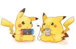  2others :3 commentary_request creature dual_persona game_boy game_boy_(original) game_link_cable handheld_game_console mimix multiple_others nintendo_switch no_humans pikachu pokemon pokemon_(creature) signature simple_background sitting tail white_background 