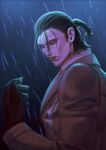  1boy 9gu_84 absurdres black_gloves black_hair gloves highres looking_at_viewer loose_hair_strand male_focus mature_male medium_hair ponytail rain scar scar_on_chin scar_on_face scar_on_mouth scar_on_nose sergei_dragunov solo tekken upper_body 