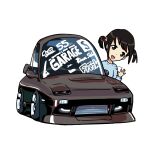  1girl black_eyes black_hair blue_sweater car chibi duz head_tilt highres kawabata_chizu motor_vehicle nissan nissan_180sx occultic;nine open_mouth smile solo spoiler_(automobile) sports_car stance_(vehicle) sweater twintails vehicle_focus waving white_background 