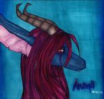 2003 blue_background blue_body character_name dated dragon english_text facial_markings female feral hair head_markings horn kaz_(vcl) marker_(artwork) markings mythological_creature mythological_scalie mythology pink_inner_ear purple_markings red_eyes red_hair scalie shaded signature simple_background solo text traditional_media_(artwork)