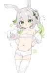  1girl animal_ear_fluff animal_ears animal_hands bare_shoulders bikini breasts extra_ears flying_sweatdrops fur_bikini fur_thighhighs genshin_impact gloves gradient_hair green_eyes green_hair highres leaf long_hair looking_at_viewer multicolored_hair nahida_(genshin_impact) navel open_mouth paw_gloves pointy_ears rabbit_ears rabbit_girl side_ponytail small_breasts solo stomach swimsuit thighhighs thighs white_gloves white_hair white_thighhighs youyoukai 