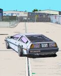  car delorean from_behind highres motor_vehicle no_humans original outdoors rudcef shadow sky tree vehicle_focus warehouse western_comics_(style) 