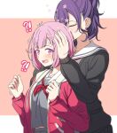 !? 2girls ^^^ arimon_(dfrgty12) asahina_mafuyu behind_another black_card blurry blush breasts cardigan closed_mouth collarbone commentary_request depth_of_field drawstring flower_(symbol) grey_shirt grey_skirt hand_on_another&#039;s_head hand_up hands_up height_difference high_ponytail highres letterboxed long_hair long_sleeves looking_at_viewer medium_breasts midriff_peek miyamasuzaka_girls&#039;_academy_school_uniform motion_lines multiple_girls neckerchief ootori_emu open_cardigan open_clothes open_mouth orange_background outside_border pink_eyes pink_hair pocket ponytail project_sekai purple_hair red_cardigan red_neckerchief sailor_collar school_uniform serafuku shirt short_hair simple_background skirt smelling_hair standing sweat teeth upper_body upper_teeth_only white_sailor_collar yuri 