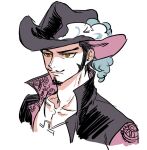  1boy black_hair black_headwear black_jacket collarbone cross cross_necklace dracule_mihawk facial_hair floral_print goatee hat_feather high_collar jacket jewelry kitami_(crotti) male_focus mustache necklace one_piece open_clothes open_jacket ringed_eyes short_hair sideburns simple_background sketch two-sided_fabric white_background yellow_eyes 