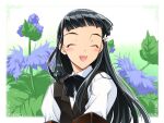  1girl black_bow black_bowtie black_hair blue_flower blush bow bowtie closed_eyes collared_shirt commentary_request facing_viewer flower hair_flower hair_ornament karen_(artist) long_hair miwasaka_manami official_art official_wallpaper open_mouth shirt smile solo upper_body vest yoru_ga_kuru! 