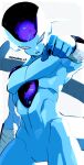  1boy alien black_nails blue_skin closed_mouth colored_skin dragon_ball dragon_ball_z frieza highres kokusoji looking_at_viewer male_focus no_humans pointing pointing_at_viewer simple_background solo tail twitter_username white_background white_eyes 