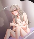  1girl ? ?? breasts collarbone commentary_request covering_breasts covering_privates feet_out_of_frame grey_hair highres honkai:_star_rail honkai_(series) jangisa knees_up long_hair looking_at_viewer nude shadow sitting small_breasts solo stelle_(honkai:_star_rail) thighs trailblazer_(honkai:_star_rail) yellow_eyes 