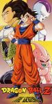  1990s_(style) 5boys black_eyes black_hair black_sclera blue_tongue cell_(dragon_ball) colored_sclera colored_skin colored_tongue copyright_name dougi dragon_ball dragon_ball_z fangs frieza hand_on_own_hip highres kid_buu looking_at_viewer majin_buu male_focus multiple_boys muscular muscular_male non-web_source official_art open_mouth perfect_cell pink_eyes pink_skin red_eyes retro_artstyle saiyan saiyan_armor scowl serious short_hair smile son_goku spiked_hair standing vegeta white_skin wristband 