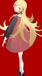  1girl absurdres back blonde_hair choker dress full_body highres long_hair monogatari_(series) open_mouth oshino_shinobu pointy_ears red_background shishirui_san simple_background socks solo white_socks yellow_eyes 