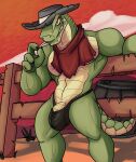 anthro bandanna barazoku biceps bulge claws clothing cloud cocky cocky_smile cowboy cowboy_hat dillon&#039;s_rolling_western gallo_(dillon&#039;s_rolling_western) green_body green_scales grin hat headgear headwear hi_res kerchief leather lizard male manly mostly_nude multicolored_body multicolored_scales muscular muscular_anthro muscular_male nintendo outside reptile scales scalie sky skyscape smile solo standing sunset tail tan_body tan_scales thong toothpick two_tone_body two_tone_scales underwear urbanmonster western wild_west