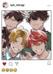  4boys aged_up black_jacket blonde_hair blue_eyes blue_shirt blush closed_eyes collared_shirt emoji given gradient_hair instagram jacket kashima_hiiragi_(given) kizu_natsuki looking_at_viewer male_focus multicolored_hair multiple_boys orange_hair red_hair satou_mafuyu sharp_teeth shirt sweatdrop teeth uenoyama_ritsuka white_background white_shirt yagi_shizusumi_(given) yellow_eyes 