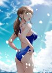  1girl adjusting_clothes adjusting_swimsuit ass blue_one-piece_swimsuit blue_sky brown_hair cloud competition_swimsuit day from_behind green_eyes highres long_hair looking_at_viewer low_ponytail niwatori_sennin one-piece_swimsuit open_mouth original outdoors sky solo standing swimsuit wading water 
