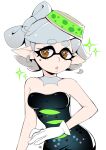  1girl bare_arms bare_shoulders black_dress bow-shaped_hair breasts collarbone detached_collar dress earrings food food_on_head gloves grey_hair highres hoop_earrings jewelry marie_(splatoon) milka_(milk4ppl) mole mole_under_eye object_on_head pointy_ears short_dress short_ponytail solo splatoon_(series) strapless strapless_dress sushi swept_bangs tentacle_hair thick_eyebrows white_gloves yellow_eyes 