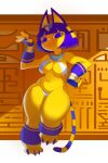 absurd_res animal_crossing ankha_(animal_crossing) anthro big_breasts bikini breasts cleavage clothed clothing dancing domestic_cat egyptian felid feline felis female hi_res mammal nintendo roxythefoxy sling_bikini solo swimwear