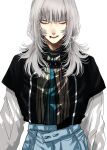  1girl aegyo_sal black_shirt blue_pants grey_hair highres hoshi_san_3 layered_sleeves lip_piercing long_hair long_sleeves looking_at_viewer original pants parted_lips piercing shirt short_over_long_sleeves short_sleeves simple_background solo upper_body white_background white_hair wolf_cut 