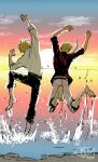  2boys arms_up barefoot blonde_hair capri_pants clenched_hands cloud cloudy_sky donquixote_doflamingo donquixote_rocinante from_behind highres jumping leg_hair multiple_boys necktie ocean one_piece pants red_shirt shirt short_hair signature sketch sky st_asjm sunset white_necktie white_shirt 