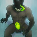 2023 abs areola balls bodily_fluids dripping eyeless fangs genitals grey_body hi_res high-angle_view humanoid male monster monstrous_humanoid muscular muscular_humanoid muscular_male nonbinary_(lore) not_furry ornge penis ridged_penis saliva saliva_drip saliva_on_tongue scary sitting solo teeth