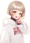  1girl blunt_bangs bob_cut brown_hair highres hood hoodie kamogawa_akira nail_polish open_mouth orange_eyes original print_hoodie short_hair smile solo turtleneck v 