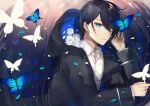  1boy black_hair blue_eyes bug butterfly chain_necklace collared_shirt commentary flower highres hood hooded_jacket ichimishiyu jacket jewelry long_sleeves looking_at_viewer lying male_focus necklace original parted_lips petals ring ring_necklace ripples rose shirt short_hair solo water 