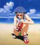  1990s_(style) 1girl beach blue_eyes blue_hair buruma crossed_legs day full_body green_buruma highres knees_up kumashiro_sakuya non-web_source official_art open_mouth outdoors rectangular_eyewear red-tinted_eyewear red_footwear removing_shoes retro_artstyle sand scan shin_tenchi_muyou! shoes short_hair sitting sneakers solo tank_top tenchi_muyou! tinted_eyewear water 