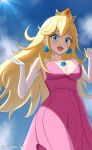  1girl :d alternate_costume blonde_hair blue_eyes blue_sky breasts cleavage commentary crown day dress earrings elbow_gloves english_commentary from_below gloves happy highres jewelry long_hair looking_at_viewer makeup mario_(series) medium_breasts necklace open_mouth outdoors pink_dress princess_peach sky sleeveless sleeveless_dress smile solo sphere_earrings teeth twitter_username upper_teeth_only white_gloves yissou_art 