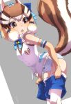  1girl absurdres animal_ears belt brown_eyes brown_hair chipmunk_ears chipmunk_girl chipmunk_tail elbow_gloves extra_ears gloves grey_background highres kemono_friends kemono_friends_v_project microphone nuruniku panties ribbon shirt short_hair shorts siberian_chipmunk_(kemono_friends) simple_background sleeveless solo tail thighhighs underwear vest virtual_youtuber 