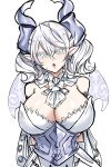  1girl breasts cleavage demon_girl demon_horns demon_wings dress duel_monster gloves grey_eyes highres horns large_breasts looking_at_viewer lovely_labrynth_of_the_silver_castle low_wings pointy_ears solo synchroman twintails white_hair white_horns wings yu-gi-oh! 