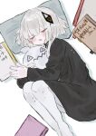  1girl black_shirt blush cevio closed_eyes diamond_(shape) faoru_ofuton hair_ornament kafu_(cevio) legs long_sleeves lying medium_hair notebook on_side pantyhose parted_lips pillow shirt single_sidelock sleeping solo stuffed_toy white_background white_hair white_pantyhose 