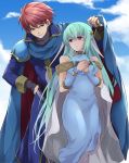  1boy 1girl armor ataka_takeru bare_shoulders blue_hair blush cape dress eliwood_(fire_emblem) fingerless_gloves fire_emblem fire_emblem:_rekka_no_ken fire_emblem_heroes gloves hair_ornament long_hair looking_at_viewer mamkute ninian nintendo open_mouth red_eyes red_hair short_hair simple_background smile 