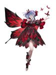  1girl aqua_eyes black_socks breasts bug butterfly butterfly_wings buttons dress floating full_body hand_up head_tilt highres iida100ii insect_wings looking_at_viewer medium_hair original parted_lips purple_hair red_butterfly red_dress red_theme red_wings simple_background small_breasts socks solo standing tachi-e toeless_legwear white_background wide_sleeves wings 