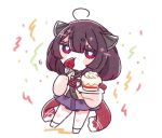  1girl ahoge bright_pupils cake chibi confetti eating expressionless food fork fruit fu-ren headgear holding holding_cake holding_food holding_fork japanese_clothes jitome kimono long_sleeves looking_at_viewer medium_hair multicolored_eyes no_shoes obi obiage obijime pink_eyes pleated_skirt purple_eyes purple_hair purple_skirt sash short_kimono simple_background skirt sleeves_past_fingers sleeves_past_wrists socks solo standing standing_on_one_leg strawberry strawberry_shortcake touhoku_kiritan voiceroid white_pupils white_socks 