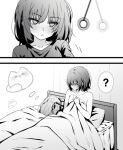  2girls ? blush cat commentary_request greyscale hypnosis indoors lwmina70119 medium_hair mind_control miyagi_shiori monochrome multiple_girls nude on_bed parted_lips pillow sendai_hazuki shuuniichido_classmate_wo_kau_hanashi spoken_question_mark sweatdrop under_covers yuri 