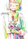 1girl artist_name blush bouquet closed_eyes collared_shirt colorful facing_viewer flower hatching_(texture) holding holding_bouquet holding_flower long_sleeves neck_ribbon original pansy parted_lips pleated_skirt ribbon school_uniform shirt short_hair signature simple_background skirt smile solo standing straight-on straight_hair upper_body variant_set vest watanabe_tomari watermark white_background 