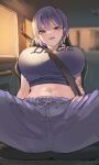  1girl absurdres arm_tattoo breasts car_interior crop_top highres large_breasts looking_at_viewer momo_hiki navel navel_piercing original pants piercing purple_eyes purple_hair purple_shirt seatbelt shirt short_hair sitting solo tattoo tongue tongue_out track_pants 