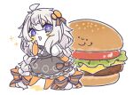  +_+ 1girl ahoge black_dress bow braid burger chibi collared_shirt commentary_request detached_sleeves dress drooling finger_to_own_chin food food_with_face fu-ren grey_hair hair_bow hair_ornament hand_up index_finger_raised kizuna_akari layered_sleeves long_hair long_sleeves low_twin_braids mouth_drool multiple_hair_bows no_shoes orange_bow orange_pantyhose orange_sleeves oversized_food oversized_object pantyhose pinafore_dress puffy_short_sleeves puffy_sleeves purple_eyes shirt short_eyebrows short_over_long_sleeves short_sleeves simple_background sleeveless sleeveless_dress solo sparkle standing striped_bow twin_braids v-shaped_eyebrows very_long_hair vocaloid voiceroid white_background white_shirt 